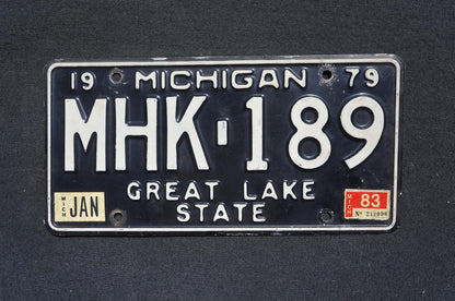 1979 1983 Michigan Black License Plate - Great Lake State # MHK -189