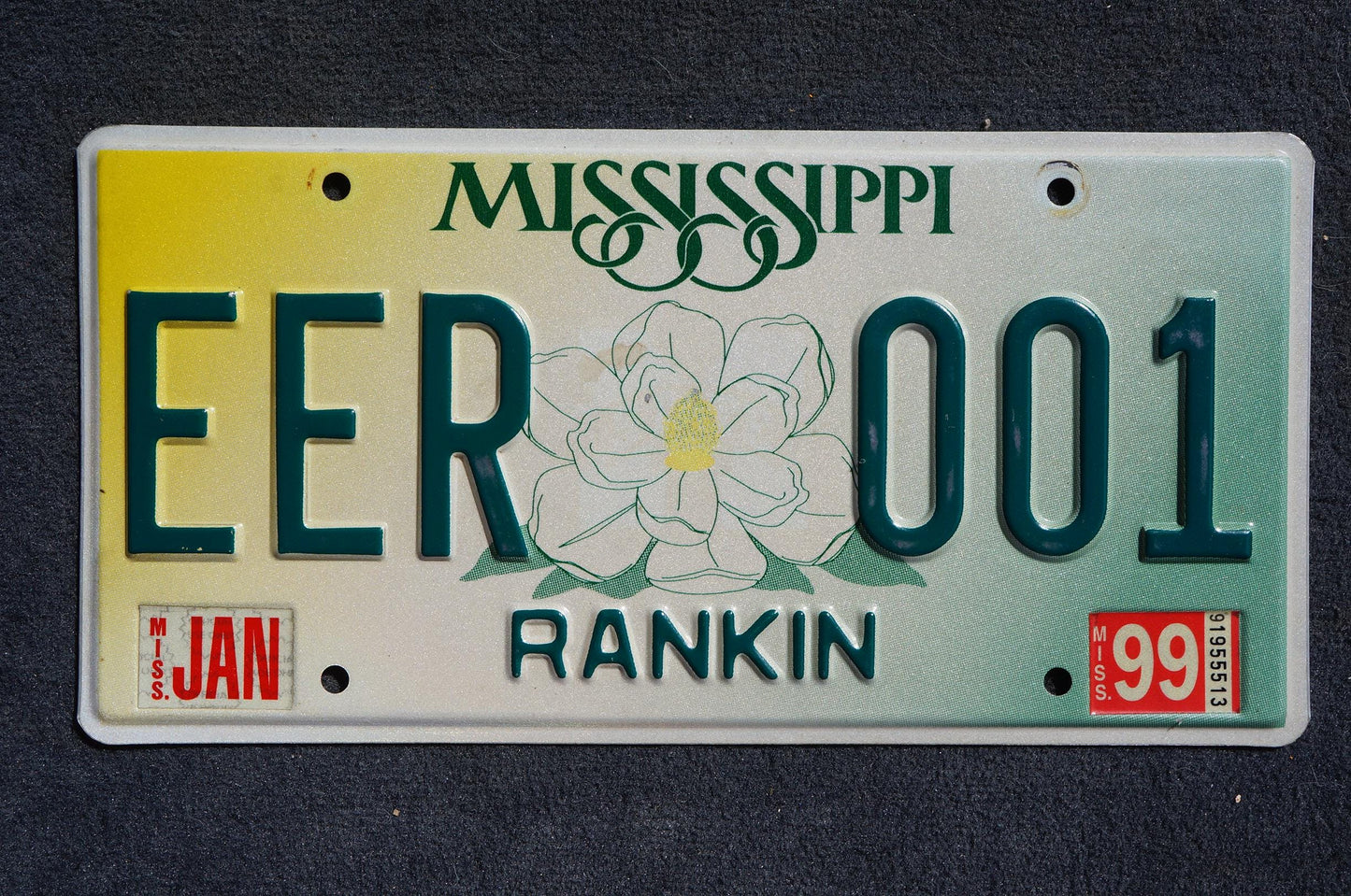 1999 Mississippi Embossed Green White Magnolia Flower License Plate LOW NUMBER # EER 001