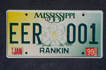 1999 Mississippi Embossed Green White Magnolia Flower License Plate LOW NUMBER # EER 001