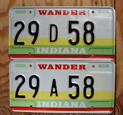 1980s Indiana Wander License Plate Pair: Yellow, Green, and Red Stripes