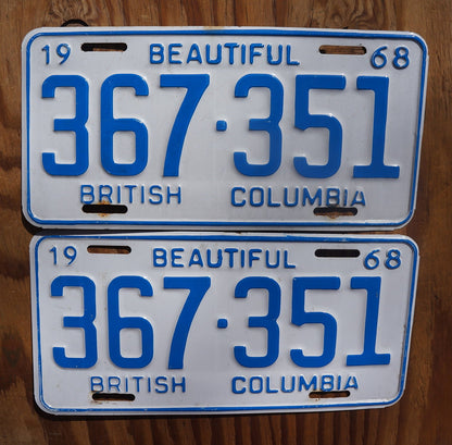 1968 British Columbia License Plate PAIR: Vintage Canada Tag Set