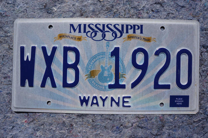 Mississippi Embossed Guitar License Plate # WXB 1920