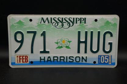 2005 Mississippi Embossed Green White Magnolia Flower License Plate # 971 HUG