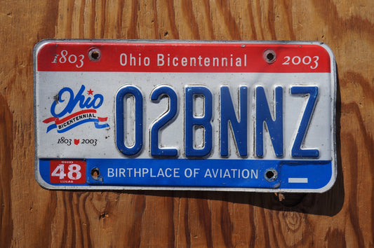 2003 OHIO Vanity Bicentennial License Plate - O2BNNZ - Oh to Be In New Zealand