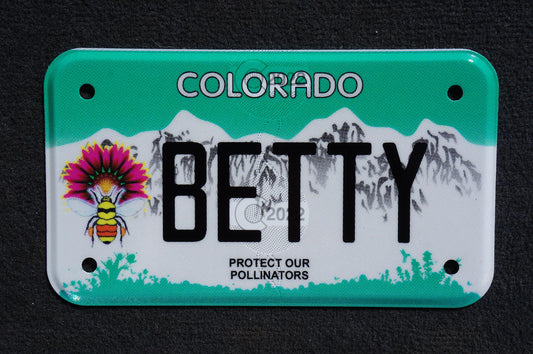 Expired Colorado Vanity MOTORCYCLE License Plate - BETTY - Elizabeth Betsy Bette Hetty