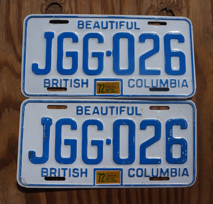 1972 British Columbia License Plate PAIR: Vintage Canada Tag Set