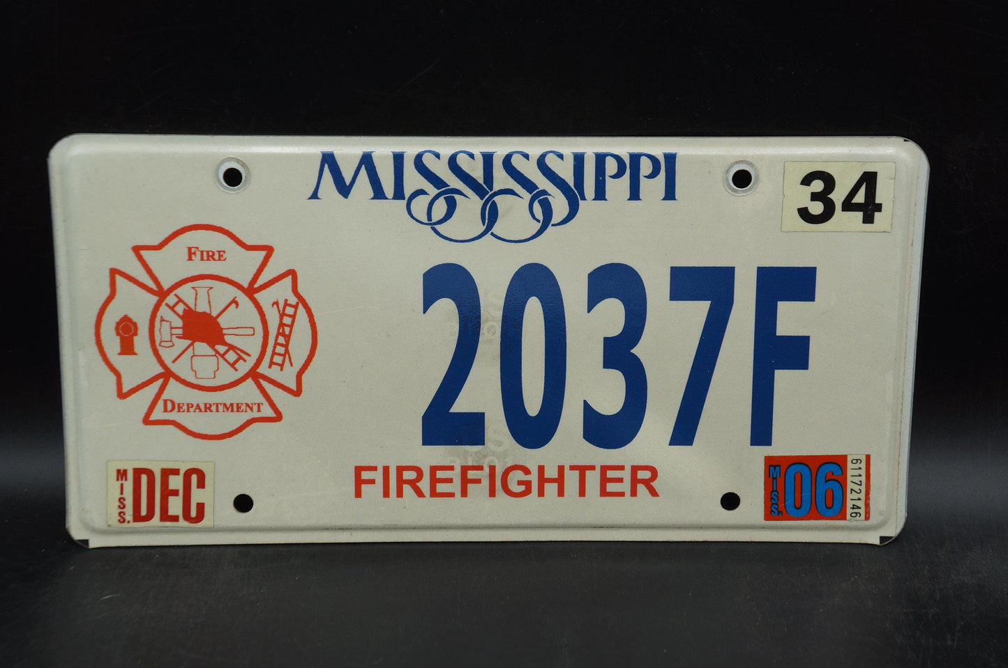 2006 Mississippi Firefighter License Plate Fire Department