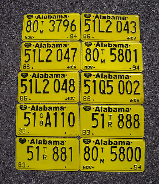 BULK ALABAMA LICENSE PLATES - LOT OF 10 - YELLOW Vintage License Plate Tags