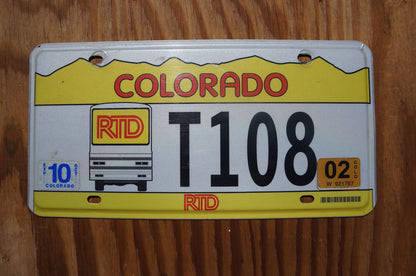 2002 Colorado RTD Public Transportation Bus Yellow License Plate