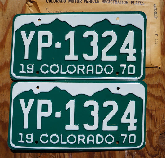 1970 Colorado Green Mountains License Plate Pair: Vintage Auto Tag Set