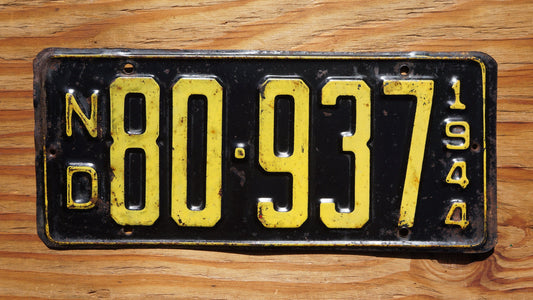 1944 North Dakota Black Vintage License Plate # 80 - 937