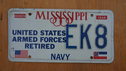 Embossed Mississippi US Armed Forces Retired NAVY License Plate # EK8