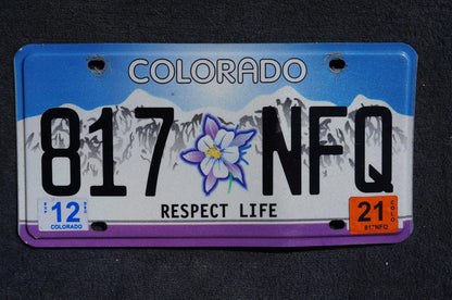 2021 Colorado License Plate RESPECT LIFE Columbine Flower Snow Mountains