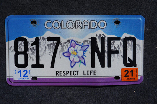2021 Colorado License Plate RESPECT LIFE Columbine Flower Snow Mountains