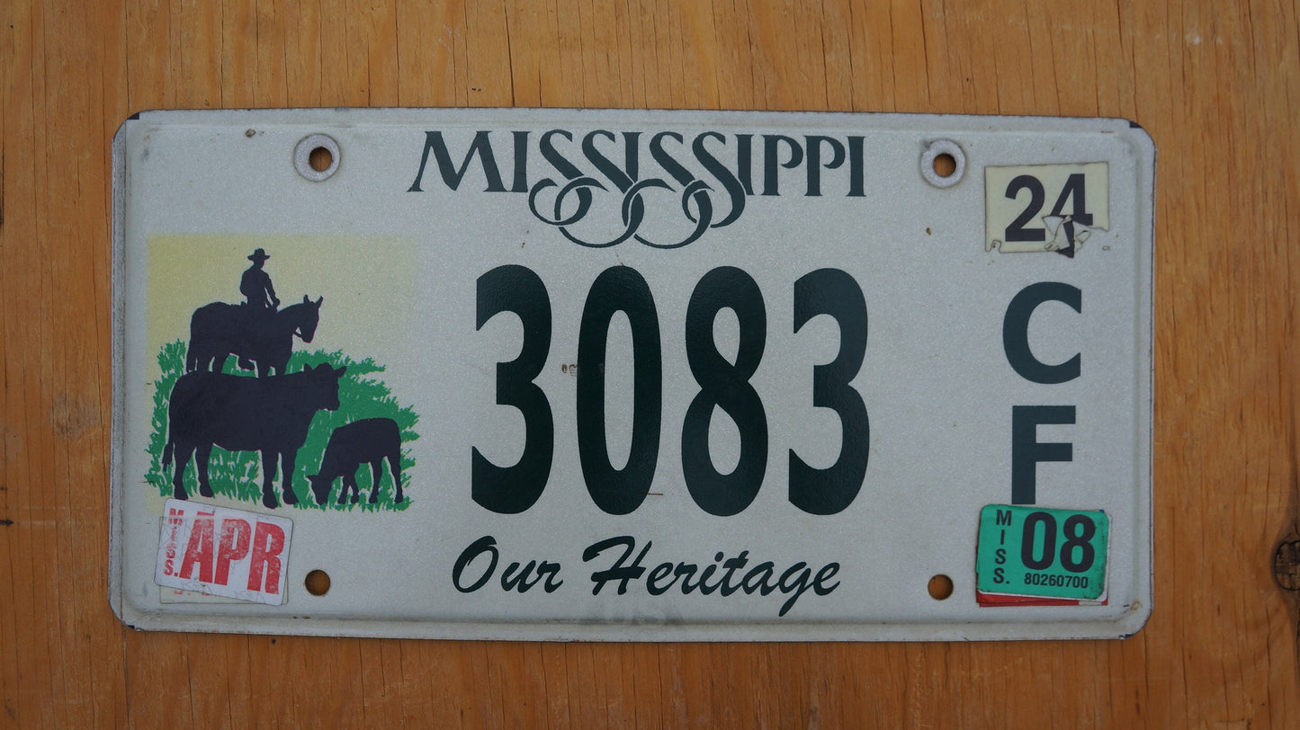 2008 Mississippi Our Heritage Horse Cow Animals Graphic License Plate # 3083