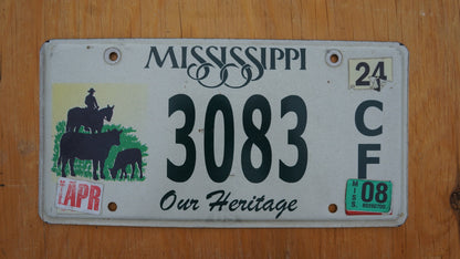 2008 Mississippi Our Heritage Horse Cow Animals Graphic License Plate # 3083