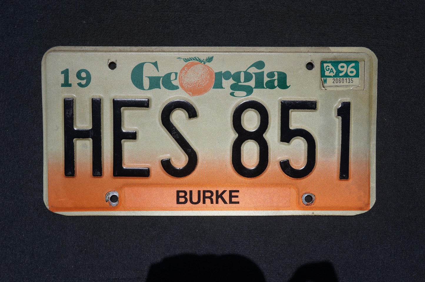 1996 Georgia Peach License Plate BURKE County # HES 851