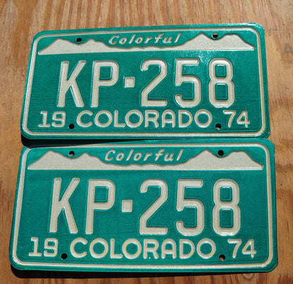 1974 Colorado License Plate PAIR: Green Snow Mountains