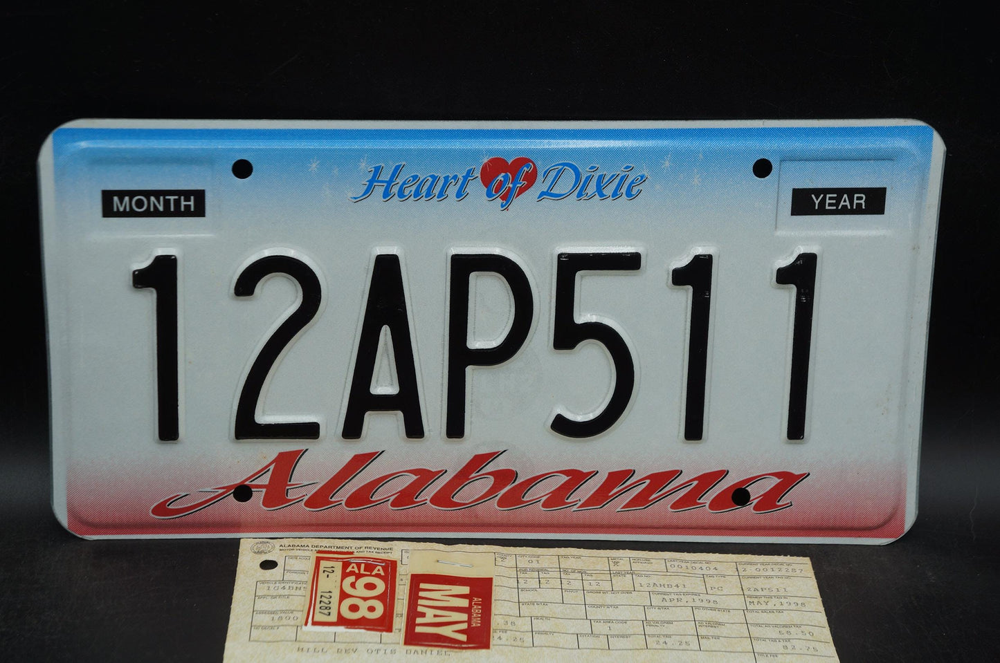 1998 Alabama HEART OF DIXIE License Plate with Original Registration