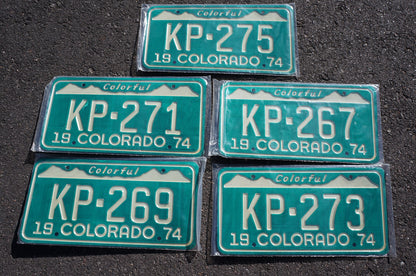 5 PAIRS - LOT OF 10: 1974 Colorado License Plate Pair Green Snow Mountain Set