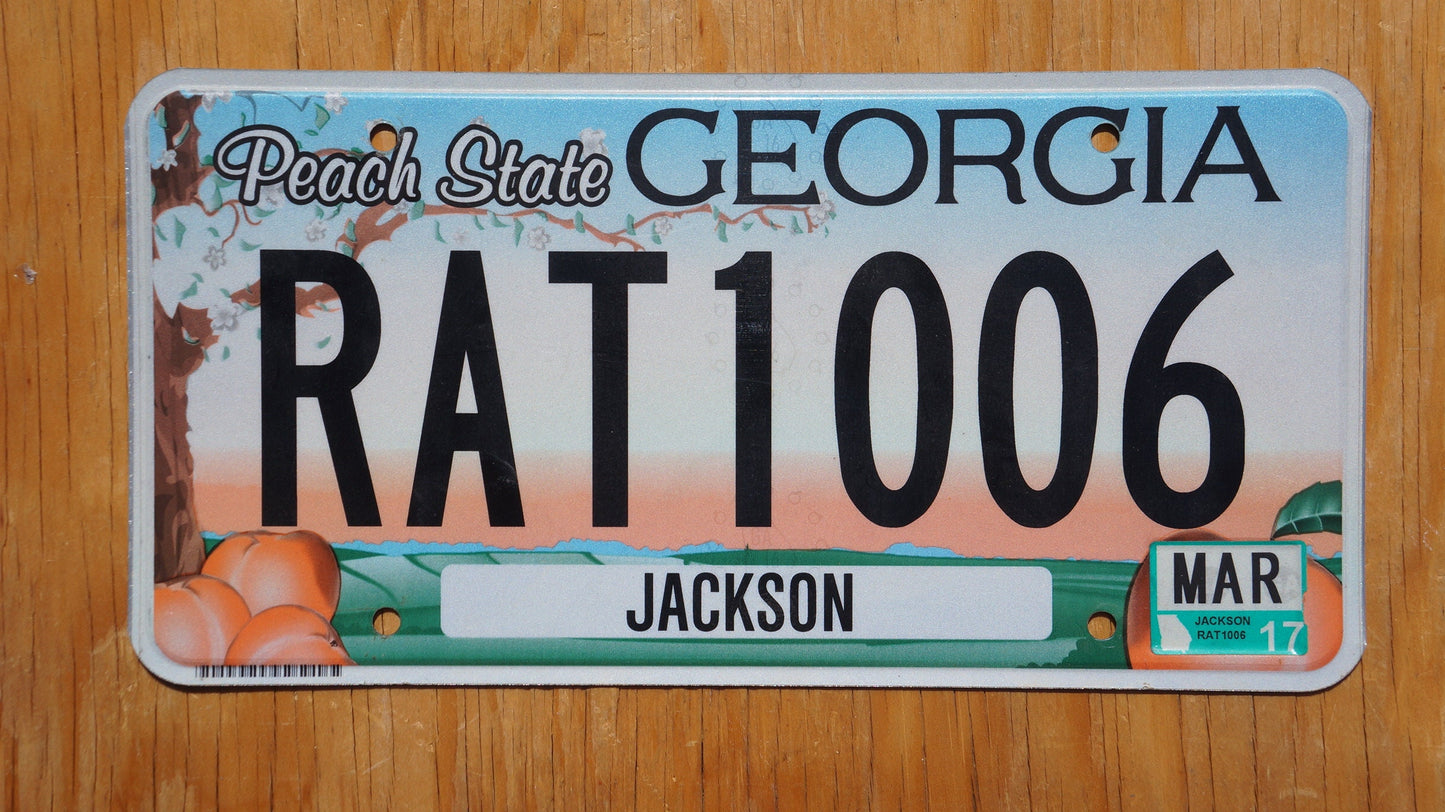 2017 Georgia PEACH STATE License Plate - RAT 1006