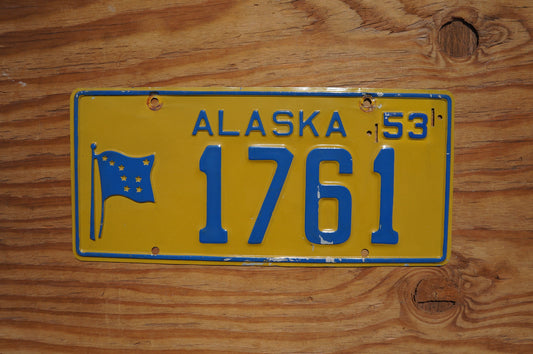 1953 Alaska License Plate FLAG # 1761 Low Number 4 Digits