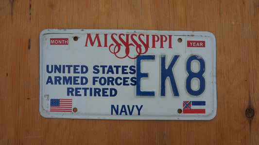Embossed Mississippi US Armed Forces Retired NAVY License Plate # EK8
