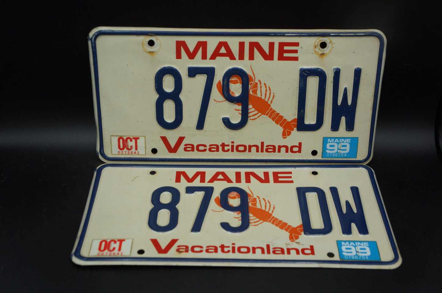 1999 Maine LOBSTER License Plate PAIR / SET - Vacationland