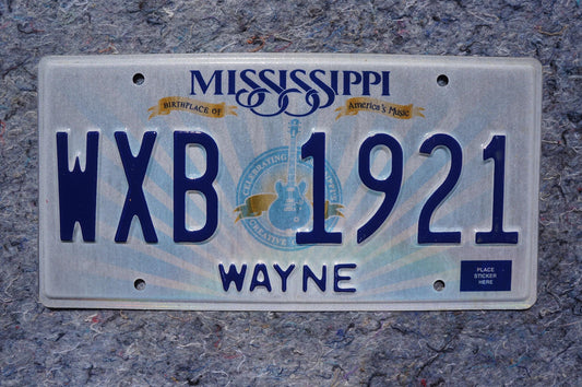 Mississippi Embossed Guitar License Plate # WXB 1921
