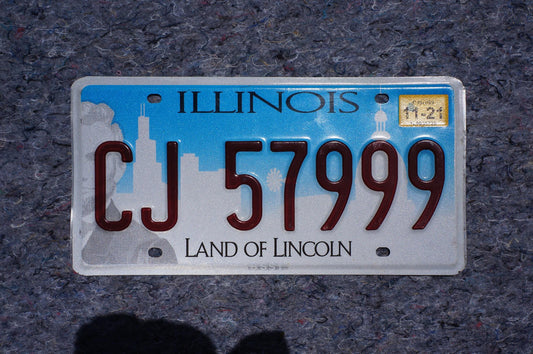 ILLINOIS License Plate Land of Lincoln Blue Graphic License Plate Tag # CJ 57999