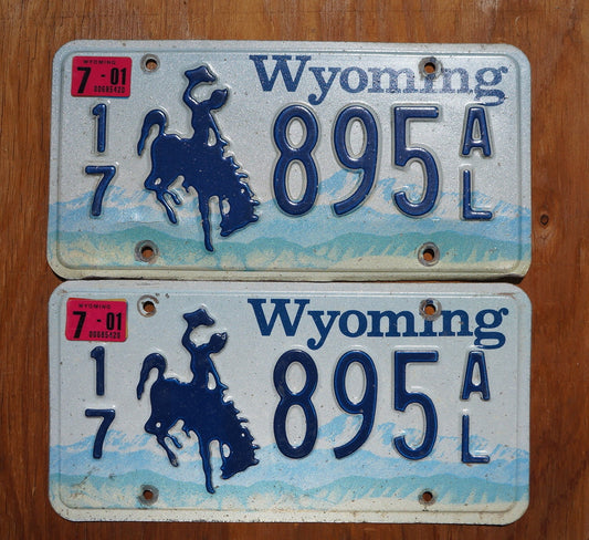 2001 Blue Wyoming Cowboy Horse License Plate Pair / Set