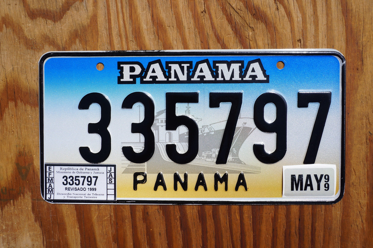 1999 PANAMA Blue License Plate with validation stickers - Unused