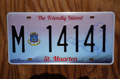 St Maarten Passenger License Plate # M - 14141 The Friendly Island, part of Netherlands Caribbean island