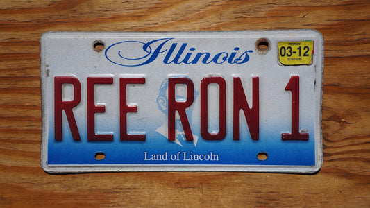 2012 Illinois Vanity REE RON 1 Blue White Lincoln License Plate