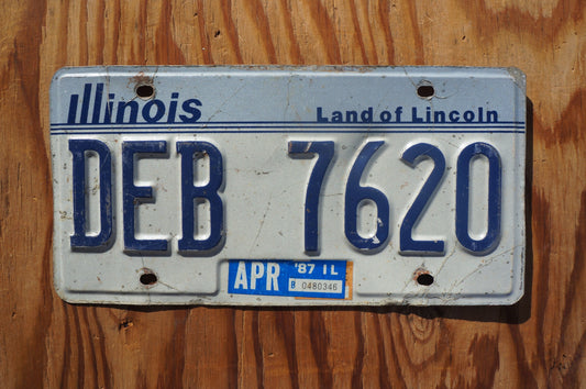 1987 Illinois White License Plate - Land of Lincoln # DEB 7620