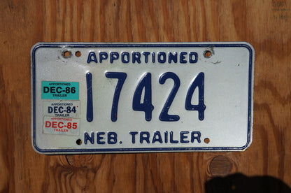 1984 1985 1986 Nebraska APPORTIONED TRAILER License Plate 17424