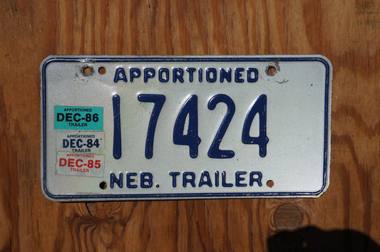 1984 1985 1986 Nebraska APPORTIONED TRAILER License Plate 17424