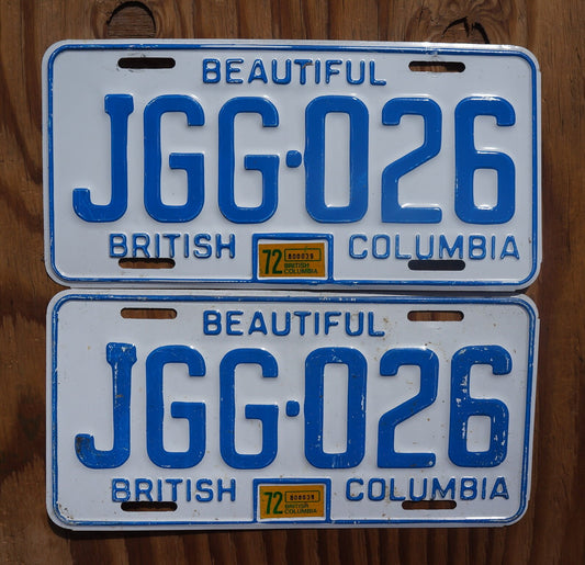 1972 British Columbia License Plate PAIR: Vintage Canada Tag Set
