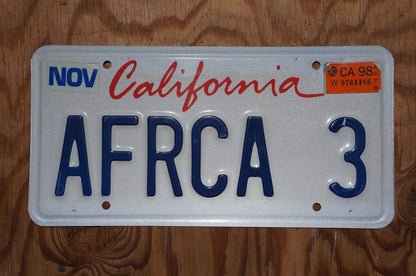 1998 California Vanity AFRICA License Plate # AFRCA 3