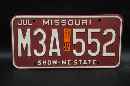 1997 Missouri Red Vintage License Plate - Show-Me State # M3A 552
