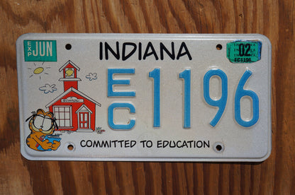 2002 Indiana COMMITTED TO EDUCATION Graphic License Plate - Garfield Cat School