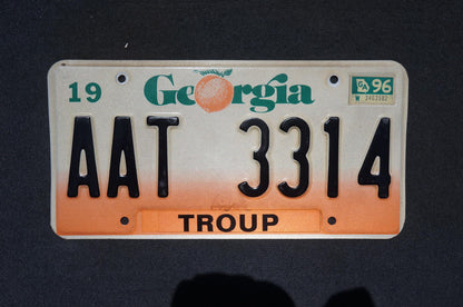 1996 Georgia Peach License Plate TROUP County # AAT 3314