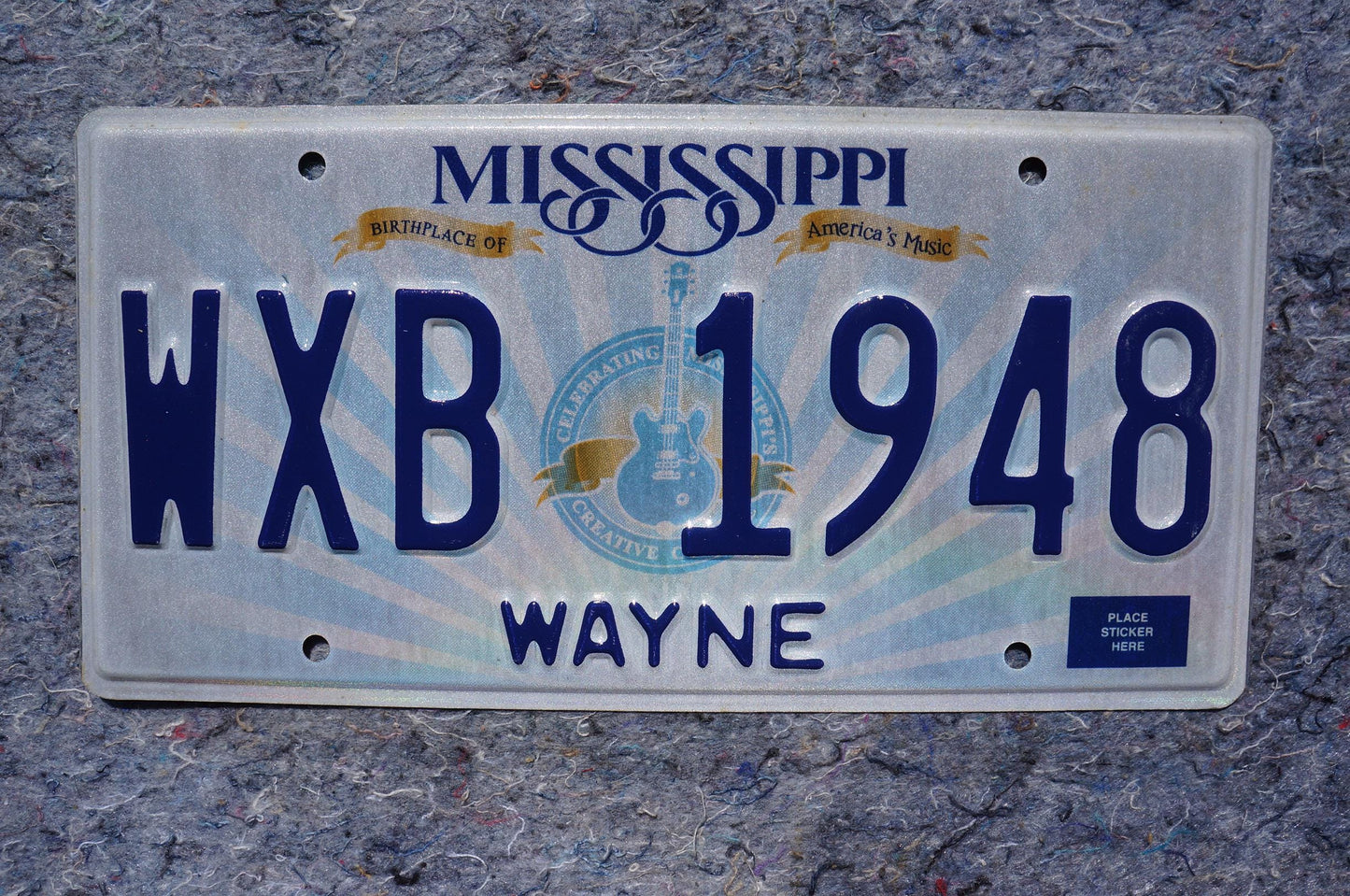 Mississippi Embossed Guitar License Plate # WXB 1948