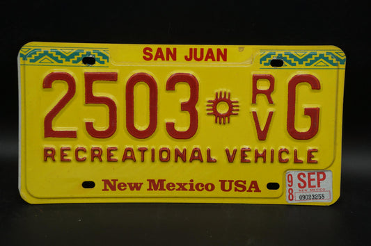 1998 New Mexico Recreational Vehicle RV Yellow License Plate