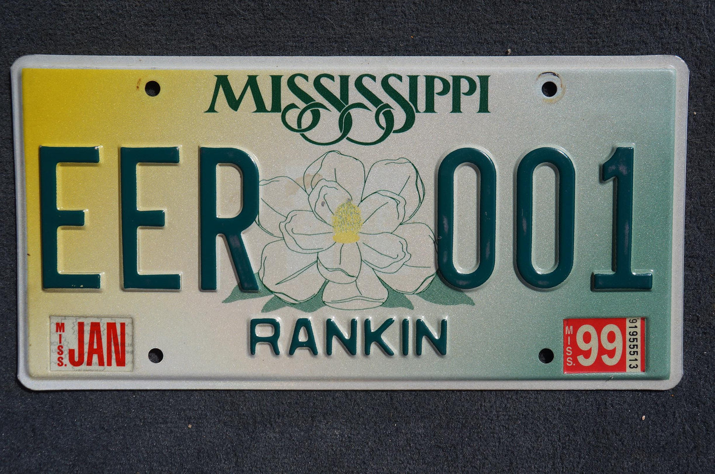 1999 Mississippi Embossed Green White Magnolia Flower License Plate LOW NUMBER # EER 001