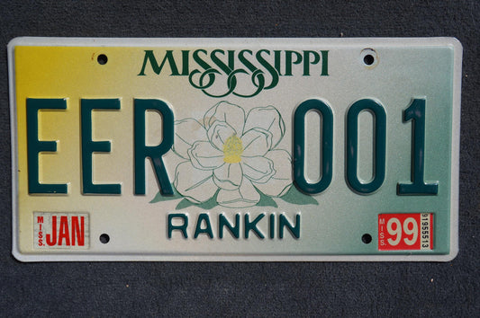 1999 Mississippi Embossed Green White Magnolia Flower License Plate LOW NUMBER # EER 001