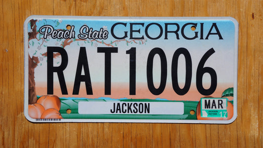 2017 Georgia PEACH STATE License Plate - RAT 1006