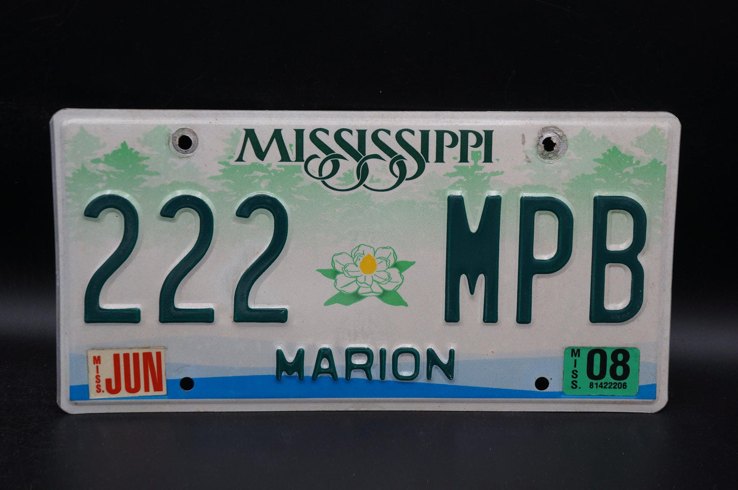 2008 Mississippi Embossed Green White Magnolia Flower License Plate # 222 MPB