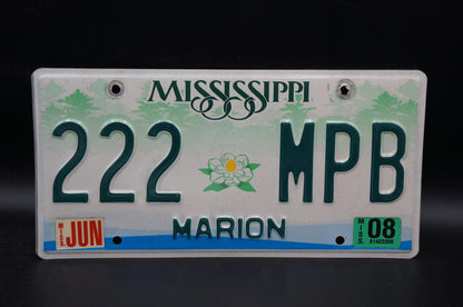 2008 Mississippi Embossed Green White Magnolia Flower License Plate # 222 MPB