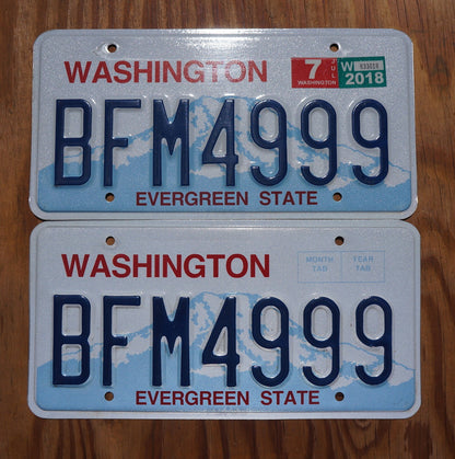 2018 Washington State Blue License Plate PAIR / SET # BFM 4999